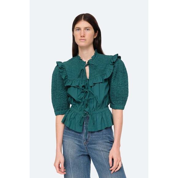 Sea New York Casey‎ Top Smocked Tie Front Puff Sleeves Ruffle Women's XXS Green - Picture 5 of 16
